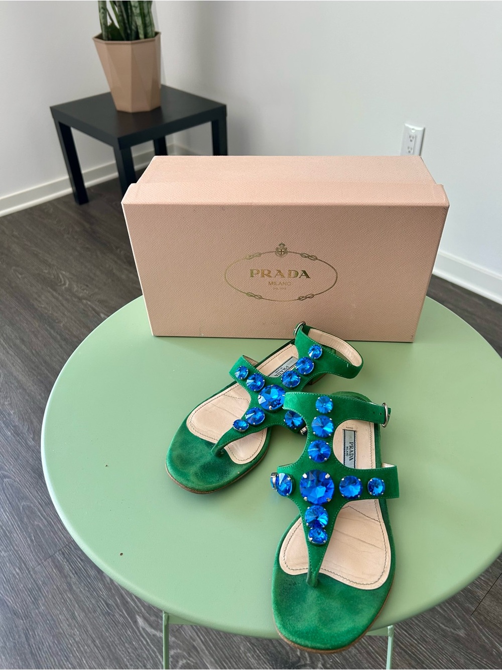 Authentic Prada Blue Crystal Embellished Green Suede Sandals with Prada shoe box